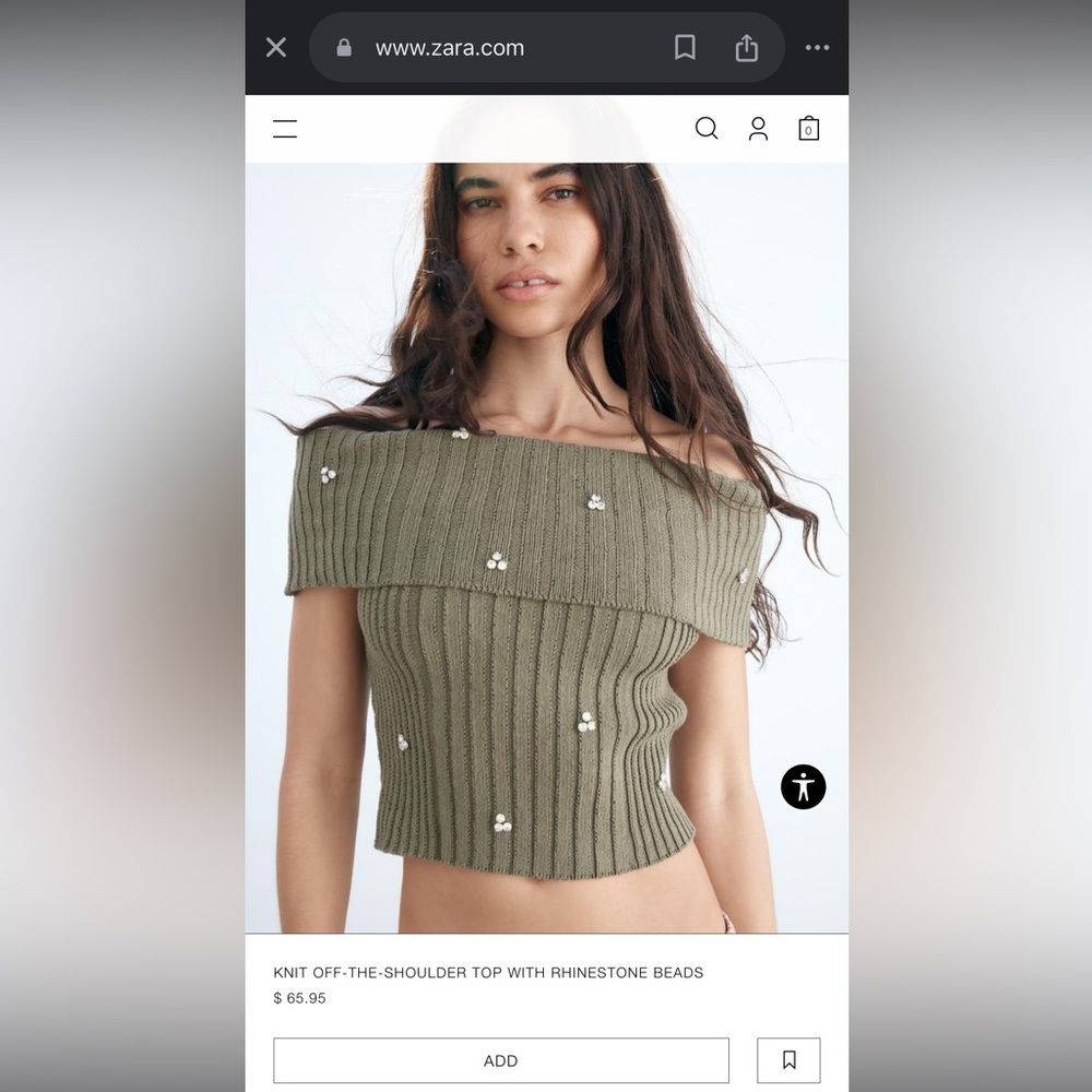 Zara Knit Off-the-Shoulder Crop Top with Rhinestones